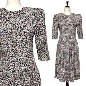 Paquette Petite Vintage 80s Puff Sleeve Ditsy Floral Midi Dress Size 10P